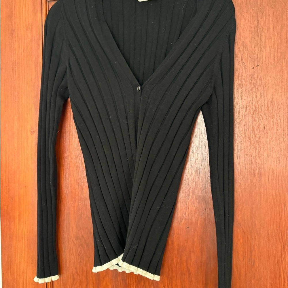 Everlane Black Ribbed Cardigan with White Trim - Small